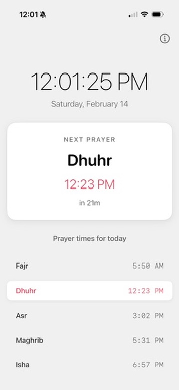 Salat Schedule app showing prayer times for Fajr, Dhuhr, Asr, Maghrib, and Isha